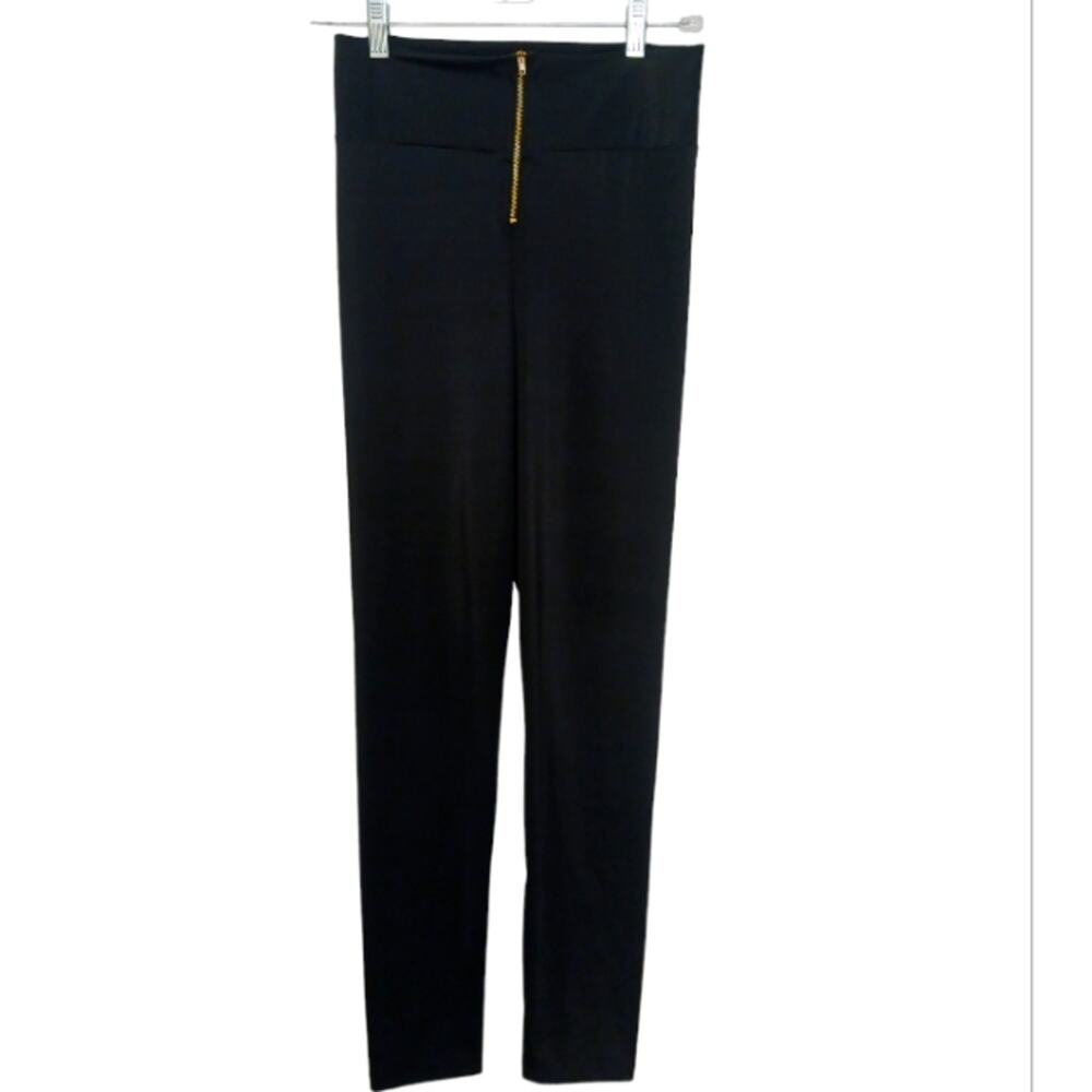 Luxe Gold Zipper Front Silky Leggings Size Small BLACK Sleek Chic Cat Stretch